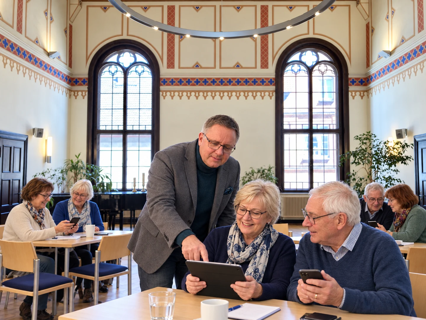 Sven erklärt einer Teilnehmerin ein Tablet; weitere Seniorinnen und Senioren üben mit Smartphones im Rathaussaal Wittenburg – KI-Visualisierung